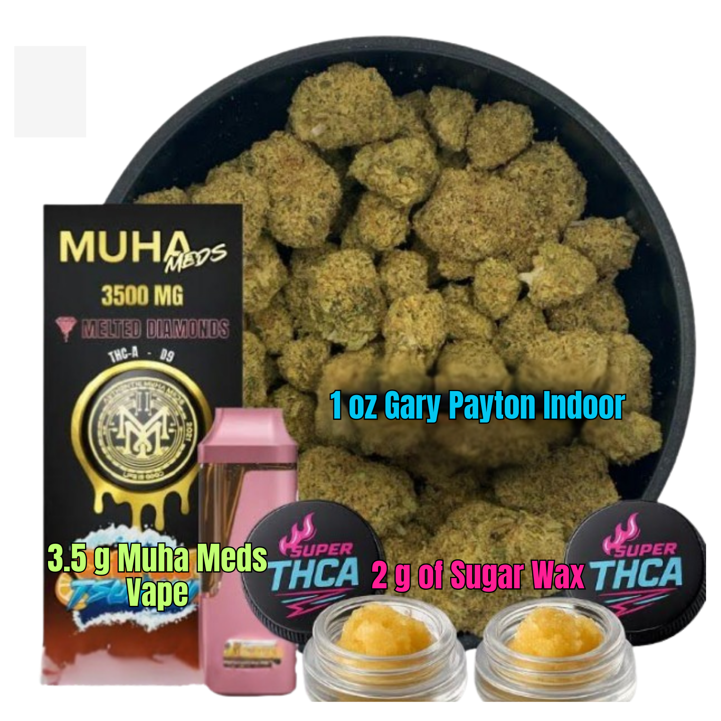Super Bundle - OZ of Gary Payton Indoor, 3.5g Muha Meds Vape & 2g Sugar Wax