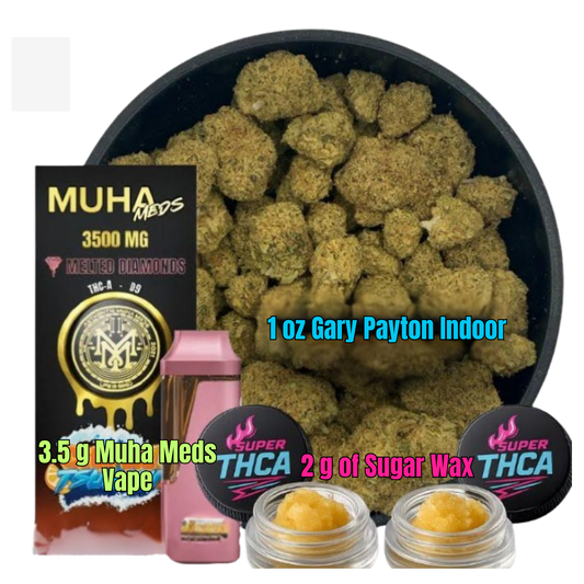 Super Bundle - OZ of Gary Payton Indoor, 3.5g Muha Meds Vape & 2g Sugar Wax